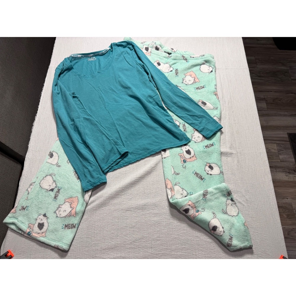 Joe Boxer Women's Pajama Set XL Teal Long Sleeve Top Mint Green Cat Fleece Pants